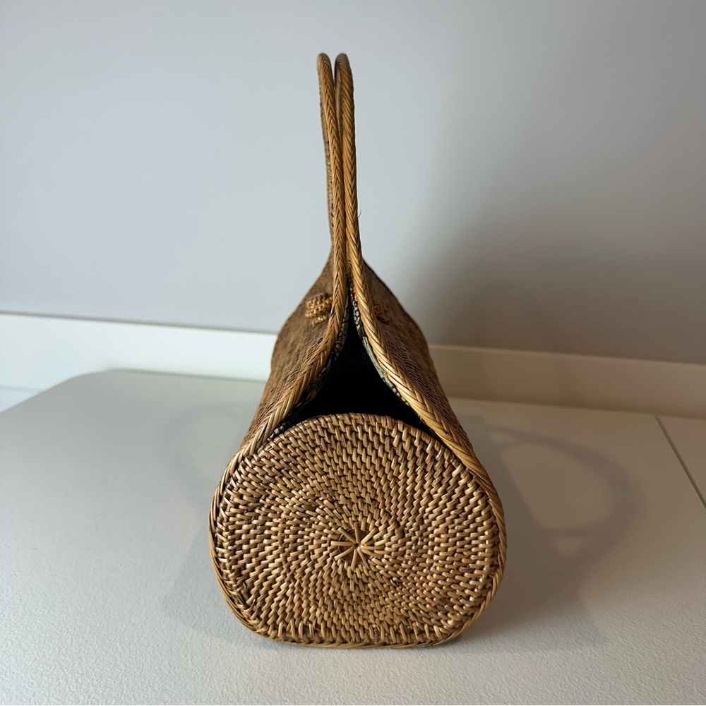 Shiva Urban Tan Brown Handwoven Bali Rattan Bucket Fabric Cinched Purse Handbag - Picture 3 of 8